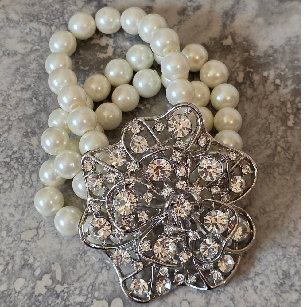 Glam Faux Pearl & Rhinestone 3 Strand Stretch Bracelet - Statement‎ Jewelry